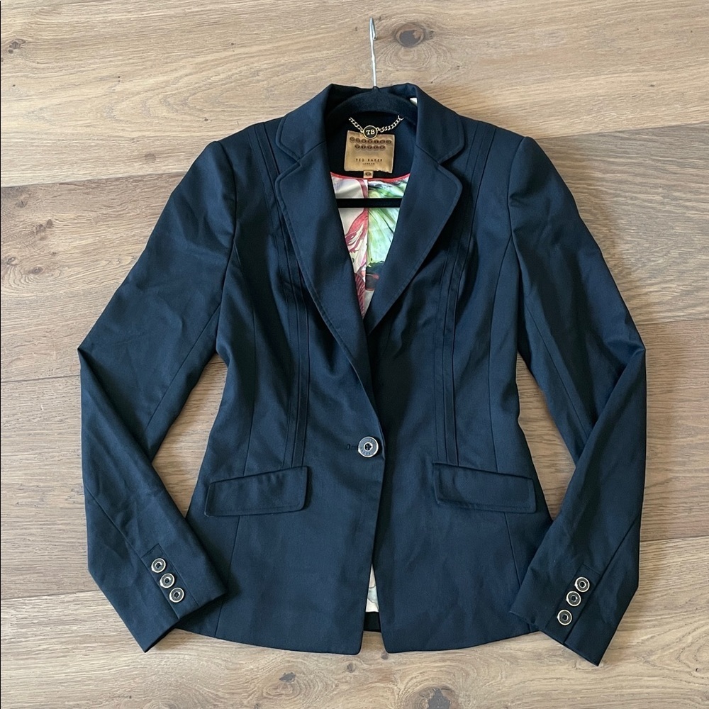 Ted Baker Wool Blend Black Blazer Floral Colorful Satin Lining Size 0
